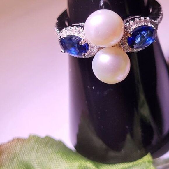 ELITE, New, JEWELRY, SIZE 7, .925 STERLING SILVER, SAPPHIRE, 7MM FW PEARL RING - Picture 3 of 10